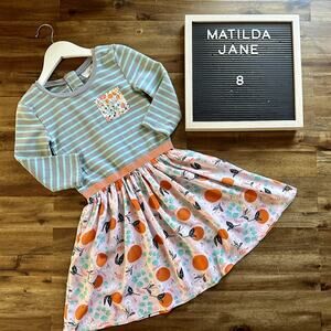 Matilda Jane Once Upon A Time Fresh Squeezed Orange Gray Blue Striped Dress 8